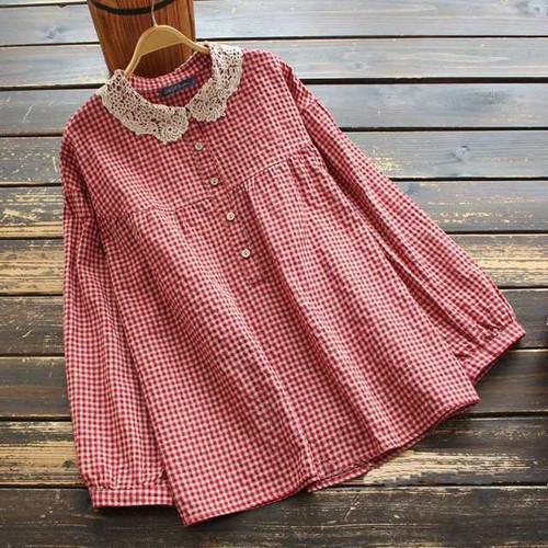Oversized Vintage Blouse Women Long Sleeve Plaid Shirt Retro Autumn Casual Lace Patchwork Tops Button Blusas Chemise