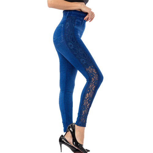 Lace edge high waist imitation denim leggings women super stretch cropped trousers Yoga Fittness Pants Faux Jeans Short Tights