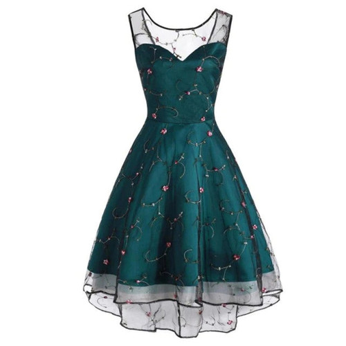 Tonval Floral Embroidered Mesh Sweetheart Party Dress Women Lace Up Back High Low Hem Fit and Flare Ladies Elegant Dresses