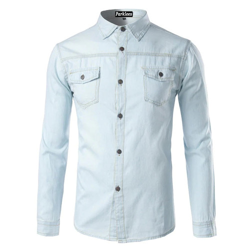 White Denim Shirt Men Design Long Sleeve Mens Shirts Casual Slim Fit Cotton Chemise Homme Jeans Pocket Dress Shirt