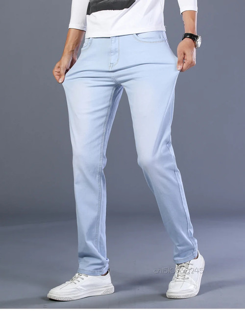 New Autumn Mens Loose Straight Stretch Jeans Casual Classic Style Cotton Denim Sky Blue Pants Male Brand Trousers