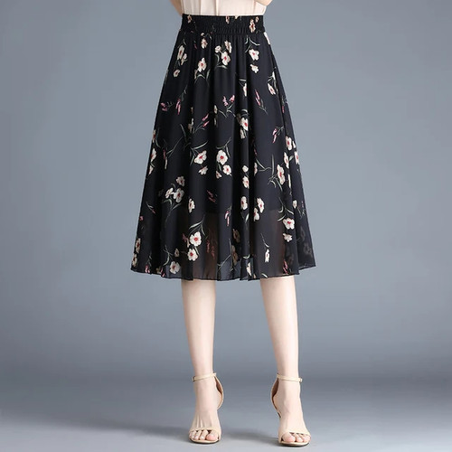 Lady Floral Chiffon Skirt Summer Elastic Waist Vintage Female Skirt Slimple Elegant Fairy Skirt