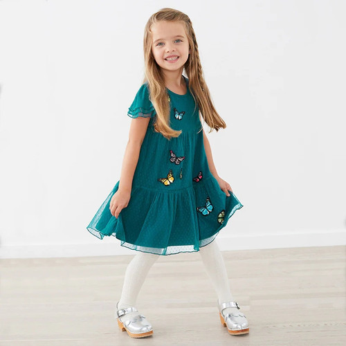 Girls Clothes Short Sleeve Summer Lace Dresses New Product Embroidery Princess Dress Children's Cartoon Dinosaur