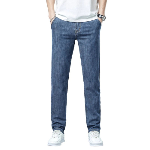Spring Summer Fit Straight Mens Lightweight Jeans Classic Business Casual High Waist Cotton Stretch Thin Jeans