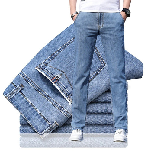 Spring Summer Fit Straight Mens Lightweight Jeans Classic Business Casual High Waist Cotton Stretch Thin Jeans