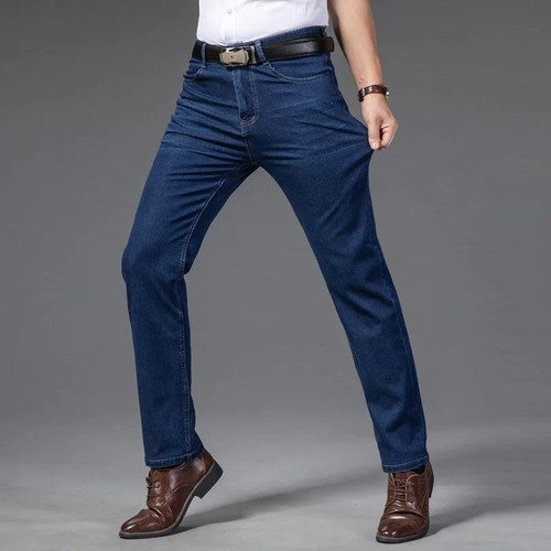 New Mens Business Style Slim Straight Jeans Classic Blue Black Mens Stretch Casual Denim Trouser