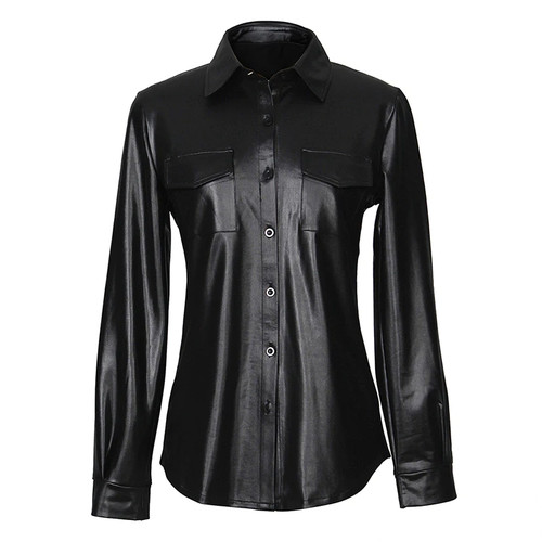 Women PU Leather Shirt  Long Sleeve Blouse Lady Nightclub Striped Casual Top Shirt Elegant Business Shirts