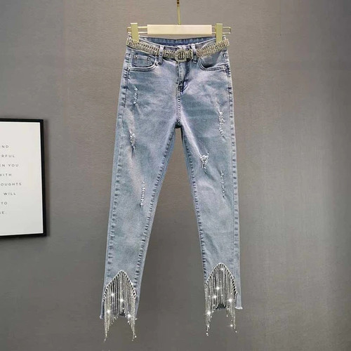 Spring Hot Rhinestone Fringed Pencil Pants Stretch Slim High Waist Light Blue Ripped Jeans Women Denim Pants Female Trouses