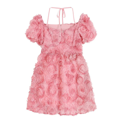 Womens Clothing Pink Dress V Neck Three-Dimensional Rose Puff Short Sleeve Vintage Fashion High Waist Short Skirt Ladies Summer