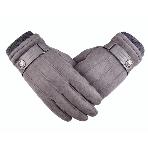 Winter Gloves Men Thermal Khaki Suede Gloves With Buckle Touch Screen Male Coral Velvet Thick Windproof Mittens Warm