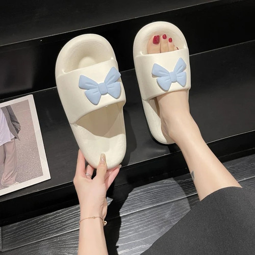 New Summer Womens Slippers Platform Beach Sole Heel Sandals Non-Slip Bow High Heels Solid Color Ladies Slippers