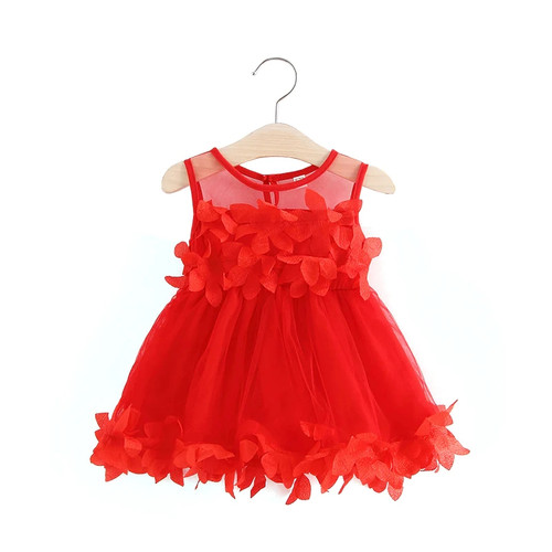 Summer Baby Girls Dress Red Solid O-neck Children Mesh Layer Flowers Cute Party Princess Dresses Sleeveless Sweet Clothes