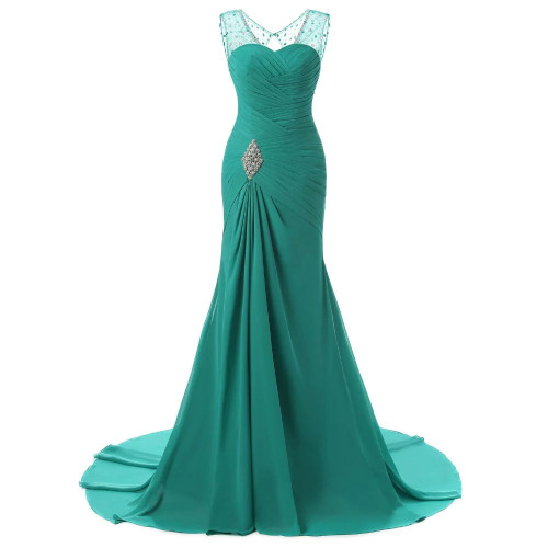 Evening Dresses Mermaid V-Neck Cap Sleeves Green Beaded Chiffon Elegant Long Evening Gown Prom Dress