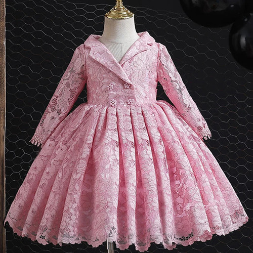 new year party flower girl Childrens dress piano dance lace show dress girl birthday new lapel long sleeve dress