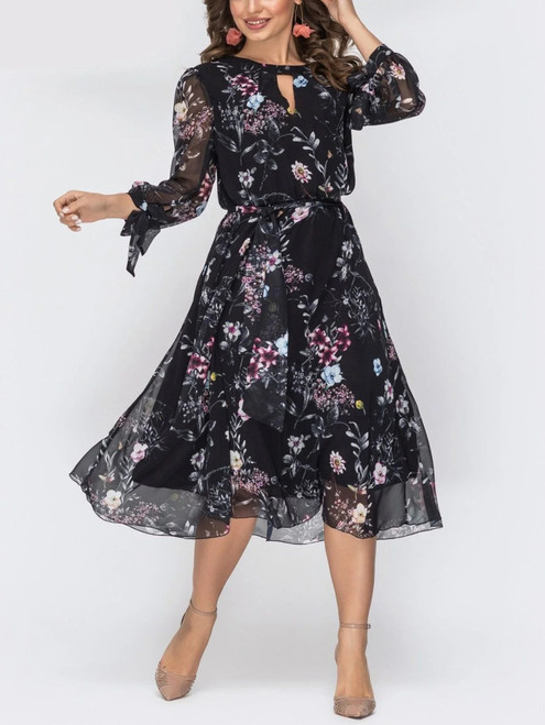 Women Flower Print Chiffon Dress Sexy O Neck Hollow Out Long Sleeve Dress Female Elegant A Line Party