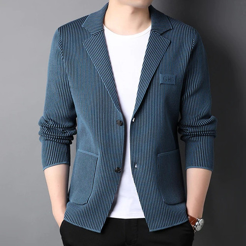 Top Grade New Slim Fit Blazer Jacket Smart Elegant Stylish Knitted Suit Striped Men Coat Casual Mens Clothes