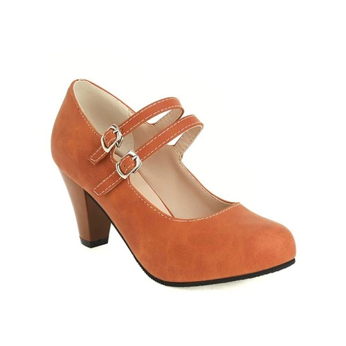 Orange White Double Buckle Strap Retro Ladies Pumps Office Lady Spike High Heels Womens