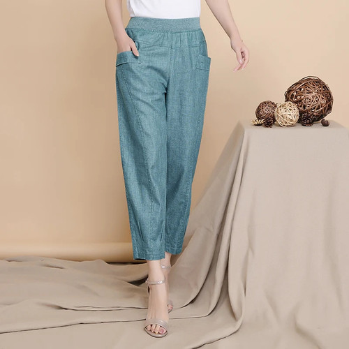 Middle-aged Lady Elastic Waist Loose Casual Pants Summer Women Linen Harem Pants Pocket Thin Female Trousers