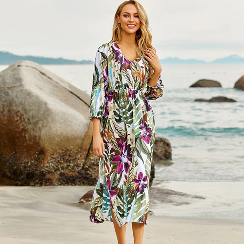 Bikini Cover-ups Sexy V-neck Long Sleeve Boho Summer Beach Dress Plus Size Beachwear Swimsuit Cover Up