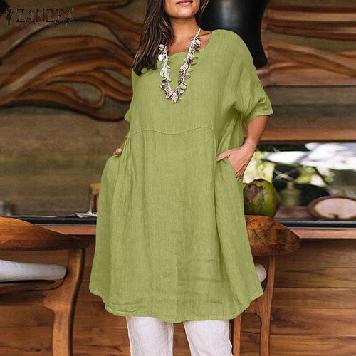 Summer Tunic Top Casual Square Neck Half Sleeve Blouse Women Shirt Elegant Work Solid Loose Long Female