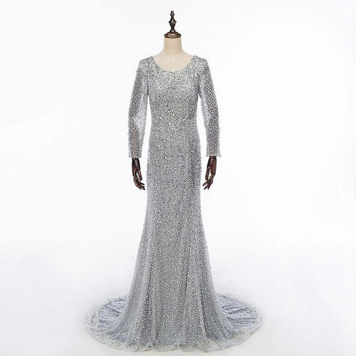 Luxury Beading Diamond Tulle Mermaid Evening Dresses Long Blue Grey Long Sleeves Real Picture Serene Hill