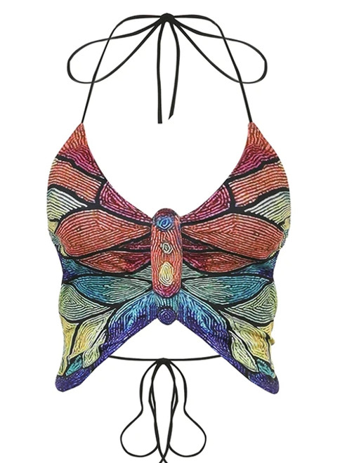 Butterfly Crop Top Printed Retro Backless Halter Top V Neck Women Party Beach Boho Mini Vest Summer Tee Streetwear