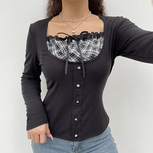 Striped Frill Crop Top Bow Cute Sweet T Shirt Long Sleeve Square Collar Button Tee Vintage Casual Women Pullovers