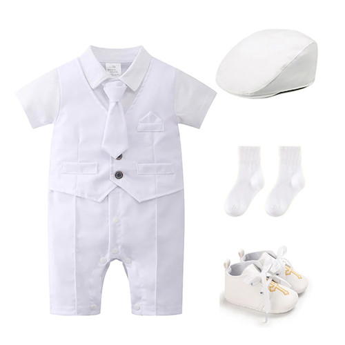 Baptism Baby Boys Suit For 0-24 Months Infant Summer Gentleman Formal Costume White Romper With Tie Newborn 5 PCS Birthday Dress