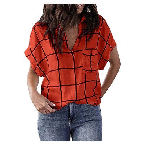 Short Sleeve Printing Striped T-Shirts Women Loose Plaid Pocket V-Neck Shirts For Woman Tshirts Casual Workwear Clothes