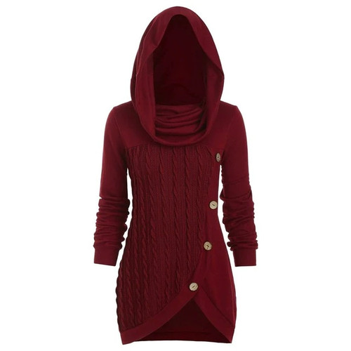 Women Autumn Winter Solid Buttons Tunic Sweater Heap Collar Hooded Irregular Knitted Sweater Warm Long Sleeve Pullovers