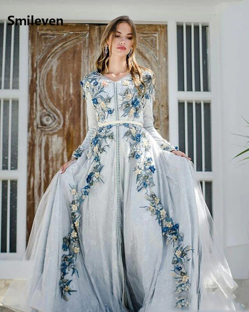 caftan Sky Blue Evening Dresses F lowers Special Occasion Dress Evening Party Gowns