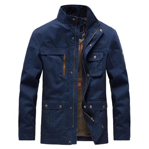 Mens Jacket Warm Coat Solid Color Stand-up Collar Multi-pocket Zipper Jacket for Autumn Winter