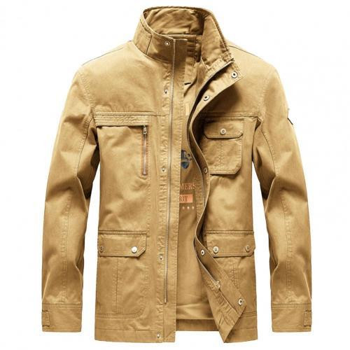 Mens Jacket Warm Coat Solid Color Stand-up Collar Multi-pocket Zipper Jacket for Autumn Winter