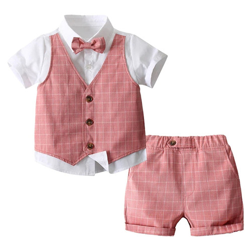 Toddler Boys Gentleman Suit Short Sleeve Fake Two-piece Top with Bow Tie And Shorts Sets for Wedding Birthday Baptism Party