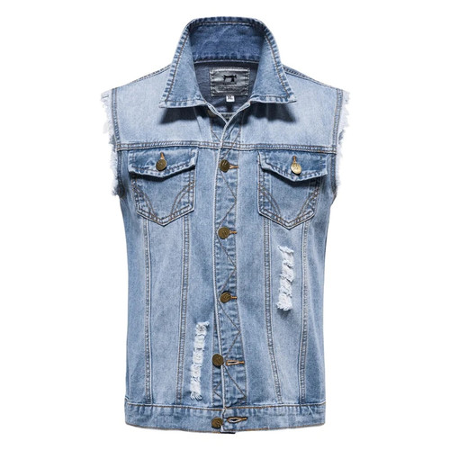Cotton Hole Denim Waistcoat Men Casual Solid Color Outdoor Slim Fit Mens Vest New Autumn Quality Waistcoats for Men