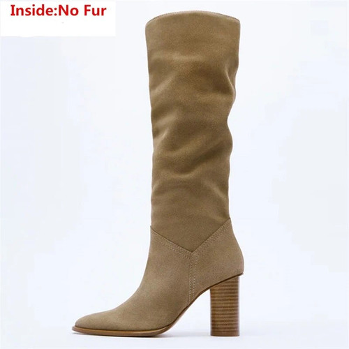 Women Boots Cow Leather Knee High Boots High Heels Slip On Winter Botas Ladies Party Street Shoes