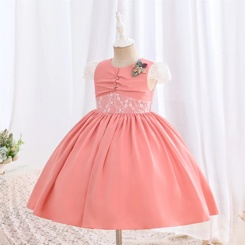 Plain Child Girl Dress Lace Patchwork Pleated Short Sleeve Children Dresses For 3 To 9 Years Kids Casual