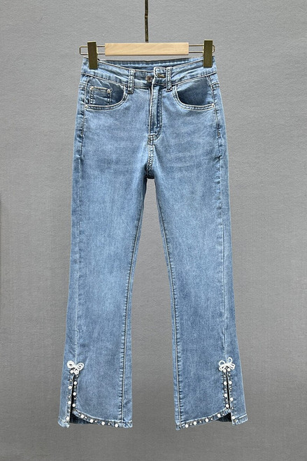 Heavy Industry Beads Jeans for Women New Summer Trousers Stretchy High Waist Slimming Split Ankle-Length Flare Denim Pants