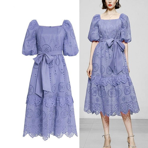 Women Runway Embroidery Hollow Out Summer A Line Party Dresses Office Lady Chic Work Midi