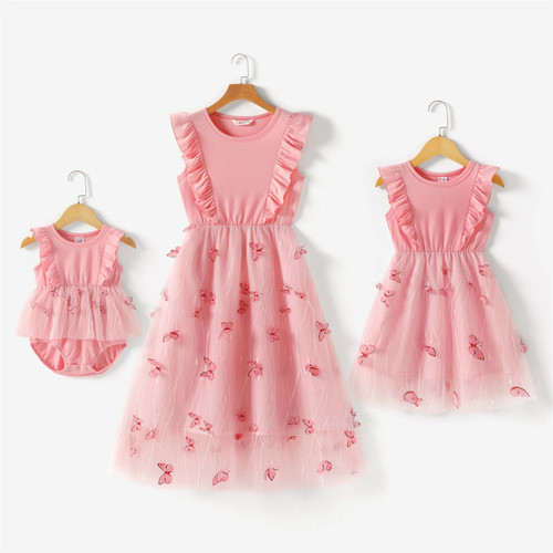 Dress for Mom and Me Pink Round Neck Ruffle Sleeveless Splicing Butterfly Family Matching Dresses for Mother And Daughter
