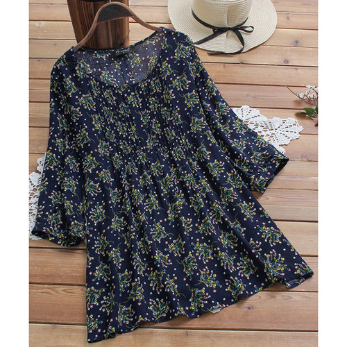 Women Elegant Floral Blouse Vintage Three Quarter V Neck Pullover Casual Loose Button Tunic Shirt Top Ladies Summer Tops