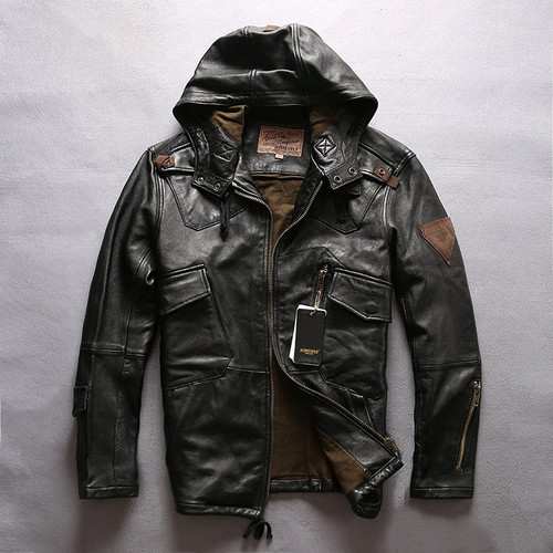 New Men hooded leather jacket men flight jacket Black Genuine Sheepskin Slim Fit Casual Leather Coats
