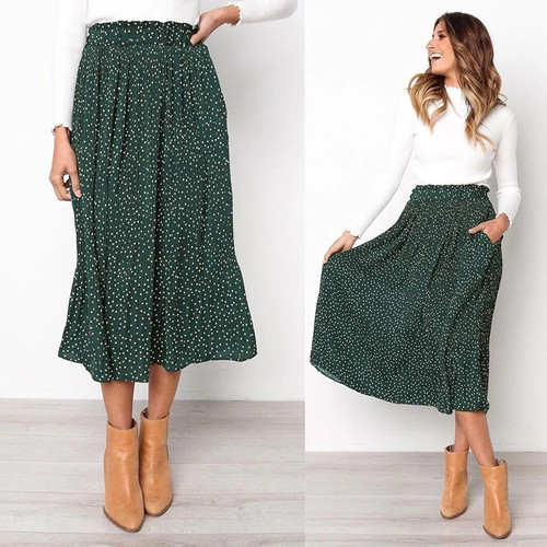 White Dots Floral Pleated Midi Skirt Women Elastic High Waist Side Pockets Skirts Summer Elegant Female Bottom