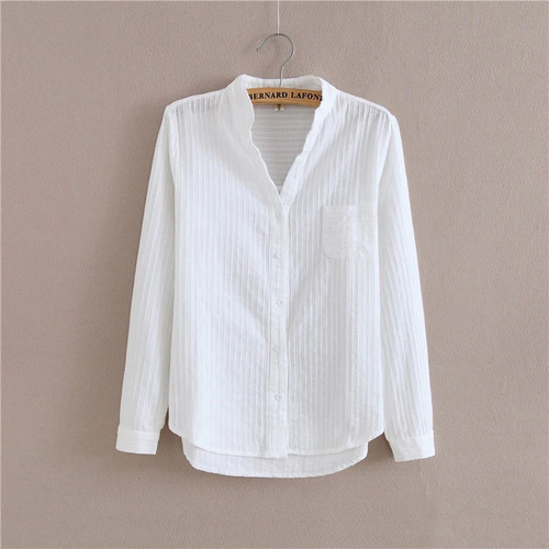 100% Cotton Shirt White Blouse Spring Autumn Blouses Shirts Women Long Sleeve Casual Tops Solid Pocket