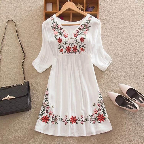 Women Mexican Embroidered Floral Peasant Blouse Vintage Ethnic Tunic Boho Hippie Clothes Dressy Tops  Blouses