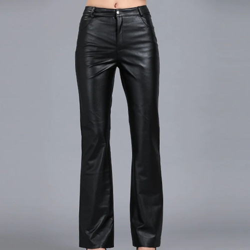 Genuine Leather Pants Autumn Women Sheepskin Pants Mid Waist Casual Pants Womens Soft Leather Pants Women Flare Trousers