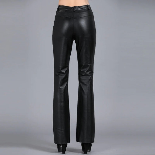 Genuine Leather Pants Autumn Women Sheepskin Pants Mid Waist Casual Pants Womens Soft Leather Pants Women Flare Trousers