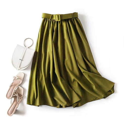 Casual Elegant Women Skirt Spring And Summer Solid High Waist Belt A-Line Vintage Office Party Long Skirt
