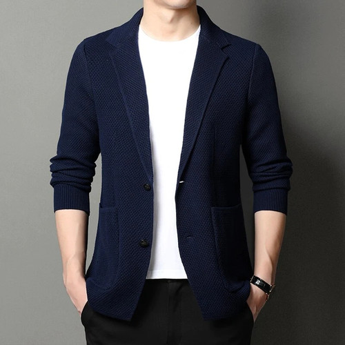 Autumn and winter high quality thick warm wool sweater classic business casual men fitted sweater coat dark blue