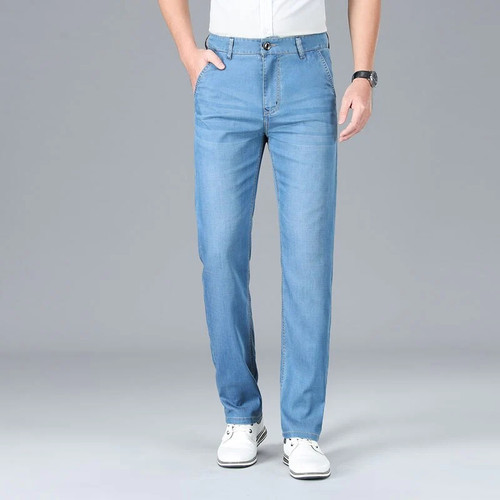 Summer brand new men straight loose thin cotton stretch jeans business casual high waist lightweight denim jeans